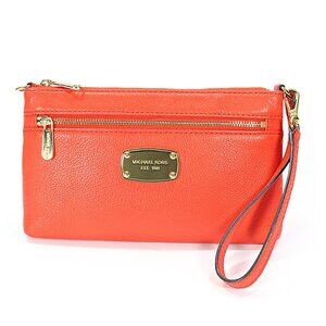 Michael Kors Large Jet Set Wristlet Clutch Orange Pebbled Leather Zipper 8.5"